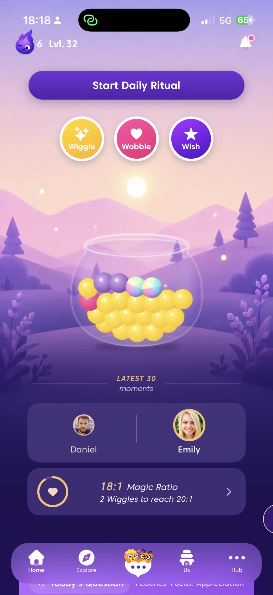 Swooni home screen showing a couple's Daily Ritual and Magic Ratio