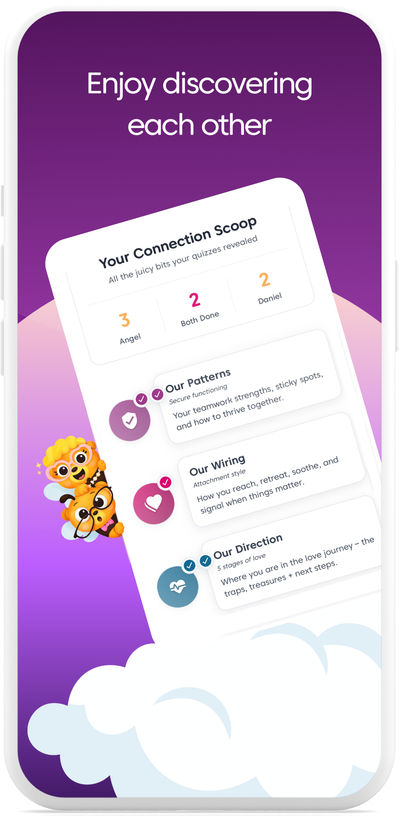 Swooni app graphic showing a connection scoop with couple goals