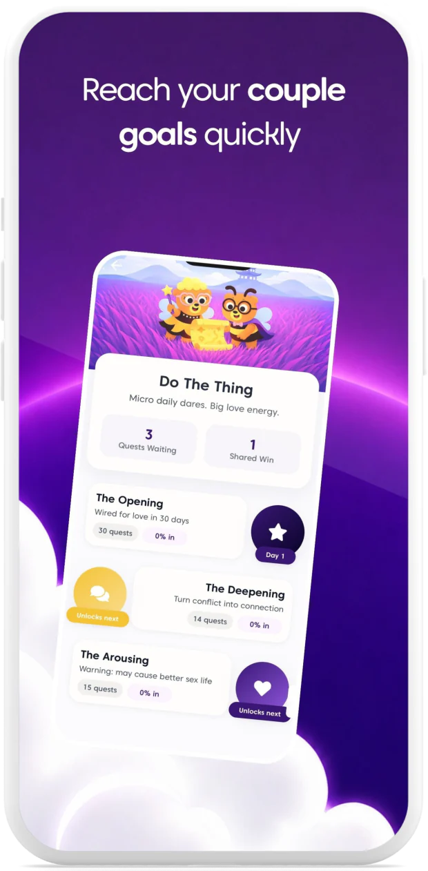 Swooni phone graphic showing playful daily quests for reaching relationship goals