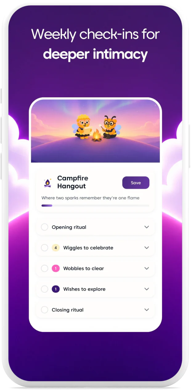 Swooni phone graphic showing a weekly Campfire Hangout relationship check-in