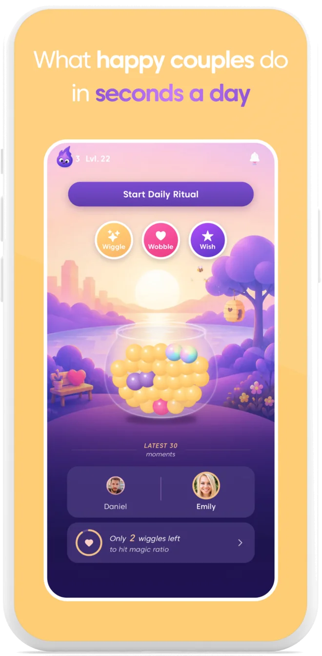 Swooni phone graphic showing a daily relationship ritual and a couple's recent positive moments
