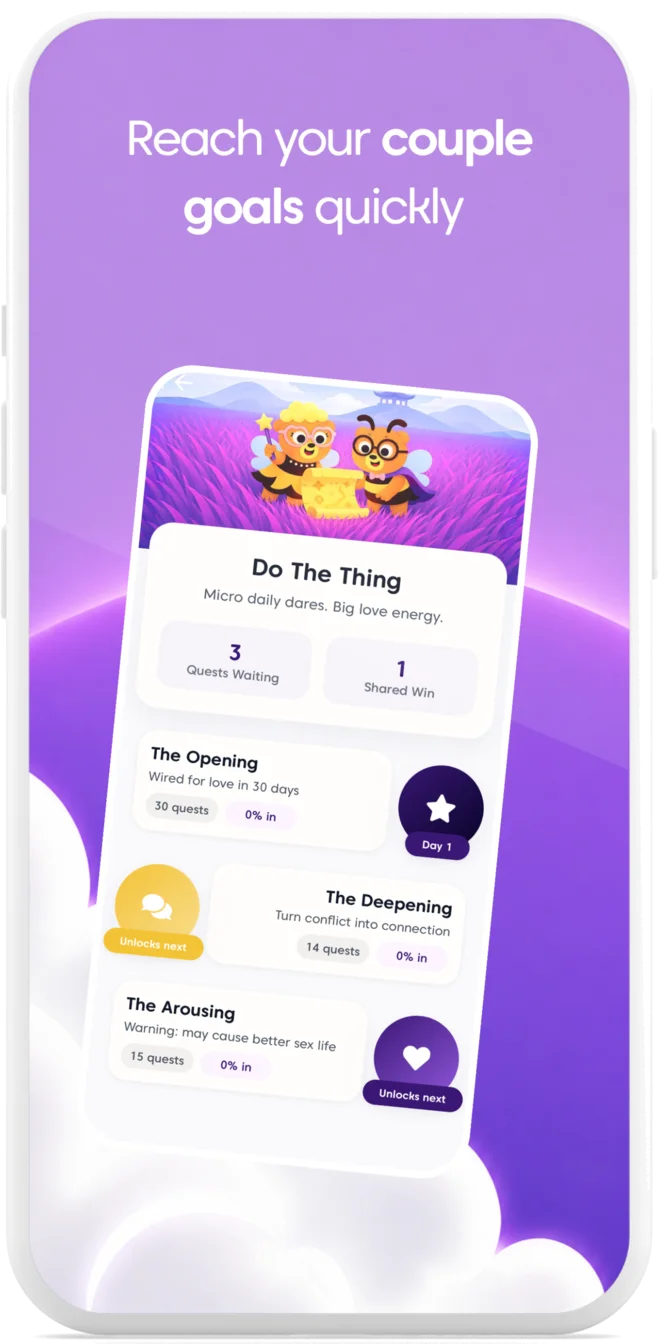 Swooni phone graphic showing playful daily quests for reaching relationship goals