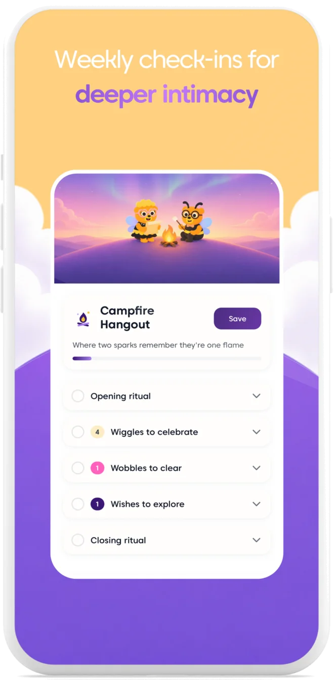 Swooni phone graphic showing a weekly Campfire Hangout relationship check-in